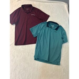 Lot of 2 Under Armour Mens XL Performance Golf Polos Maroon Teal Striped Bundle